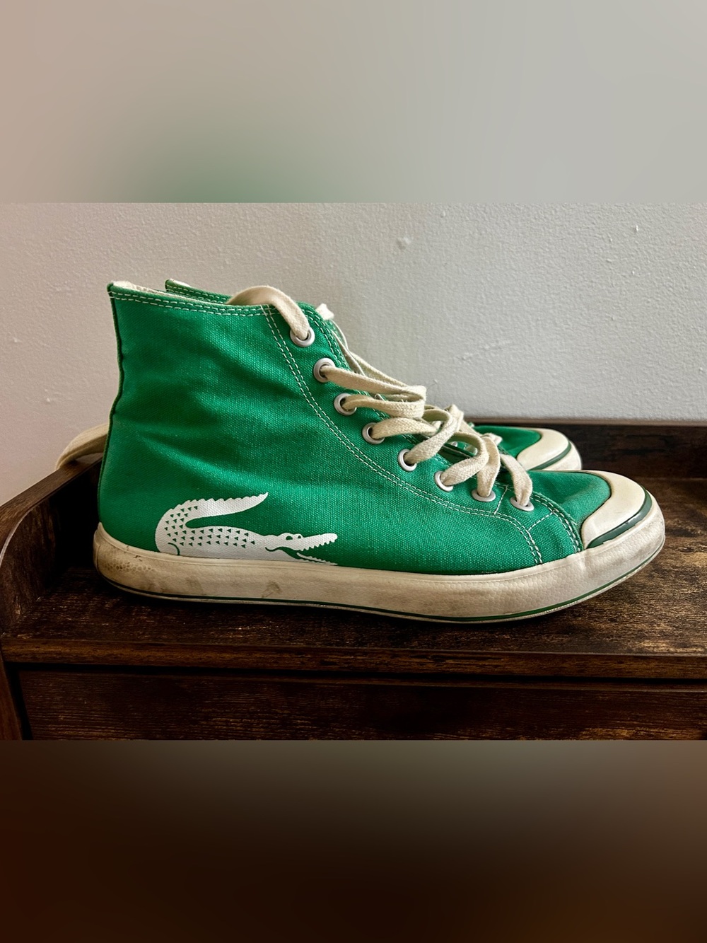 Vintage Lacoste Green Canvas High-Top Sneakers with White Logo